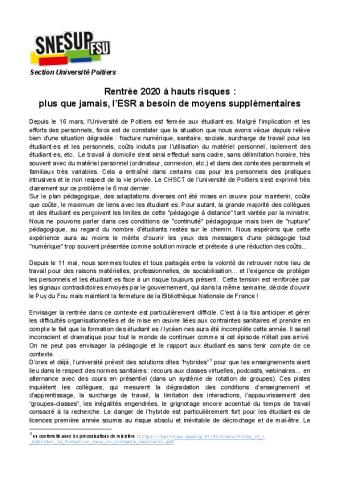 Rentrée 2020 à hauts risques : plus que jamais, l'ESR a besoin de moyens supplémentaires - Communiqué de la section SNESUP-FSU de l'Université de Poitiers, 30 mai 2020