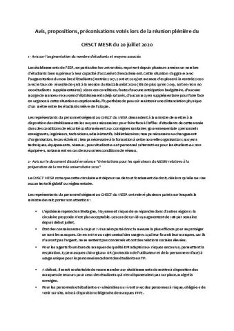 Rentrée 2020 - Avis votés au CHSCT du MESR du 20 juillet 2020