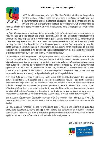 Retraites ça ne passera pas ! - Communiqué de la FSU du 6 janvier 2023