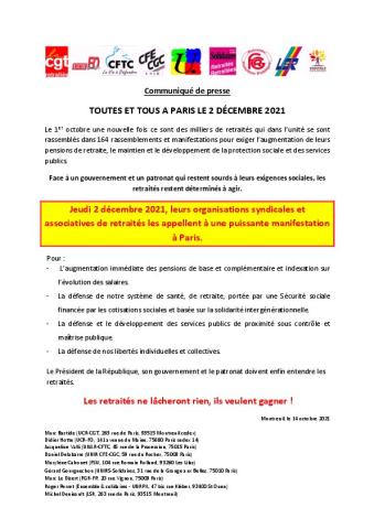 Retraité-es : toutes et tous à Paris le 2 décembre - Communiqué intersyndical, 14 octobre 2021