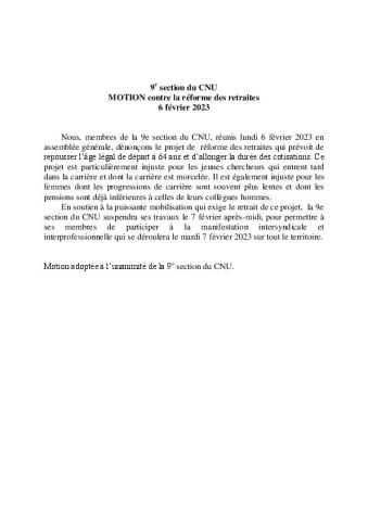  Motion 9ème section contre la réforme des retraite