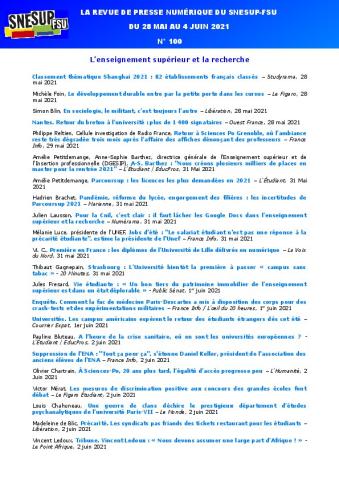 LA REVUE DE PRESSE NUMÉRIQUE DU SNESUP-FSU - Du 28 mai au 4 juin 2021 - N° 100