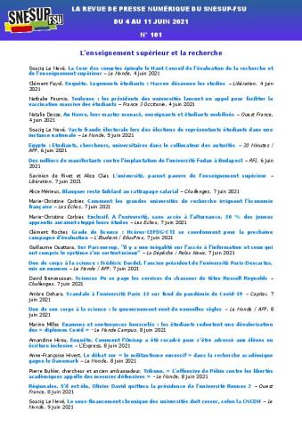 LA REVUE DE PRESSE NUMÉRIQUE DU SNESUP-FSU - Du 4 au 11 juin 2021 - N° 101