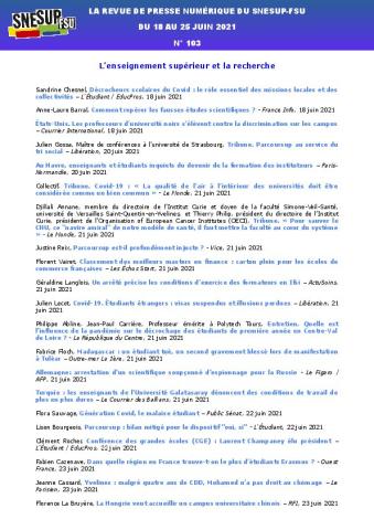 LA REVUE DE PRESSE NUMÉRIQUE DU SNESUP-FSU - Du 18 au 25 juin 2021 - N° 103