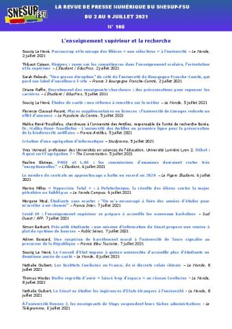 LA REVUE DE PRESSE NUMÉRIQUE DU SNESUP-FSU - Du 2 au 9 juillet 2021 - N° 105