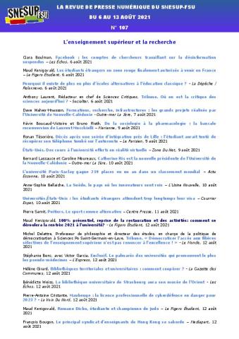  LA REVUE DE PRESSE NUMÉRIQUE DU SNESUP-FSU - Du 6 au 13 août 2021 - N° 107