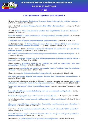 LA REVUE DE PRESSE NUMÉRIQUE DU SNESUP-FSU - Du 20 au 27 août 2021 - N° 109