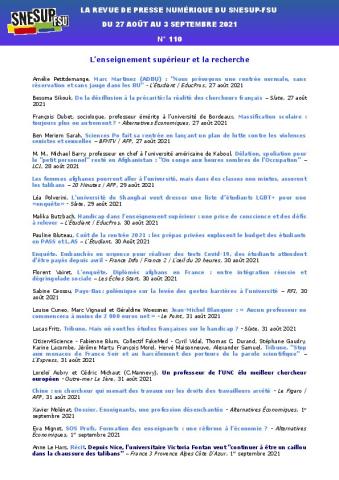 LA REVUE DE PRESSE NUMÉRIQUE DU SNESUP-FSU - Du 27 août au 3 septembre 2021 - N° 110