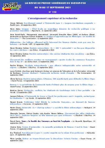 LA REVUE DE PRESSE NUMÉRIQUE DU SNESUP-FSU - Du 10 au 17 septembre 2021 - N° 112