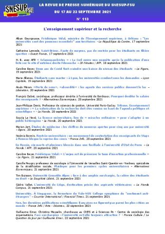 LA REVUE DE PRESSE NUMÉRIQUE DU SNESUP-FSU - Du 17 au 23 septembre 2021 - N° 113