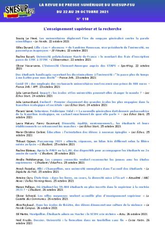 LA REVUE DE PRESSE NUMÉRIQUE DU SNESUP-FSU - Du 22 au 29 octobre 2021 - N° 118
