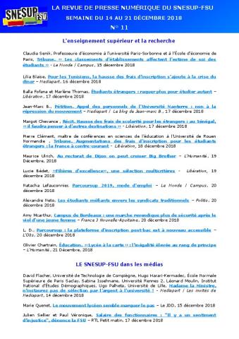 LA REVUE DE PRESSE NUMÉRIQUE DU SNESUP-FSU - Semaine du 14 au 21 décembre 2018 - N° 11