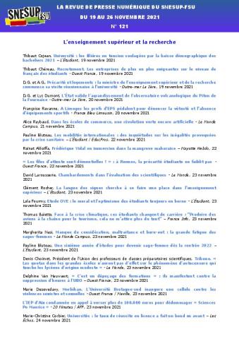 LA REVUE DE PRESSE NUMÉRIQUE DU SNESUP-FSU - Du 19 au 26 novembre 2021 - N° 121