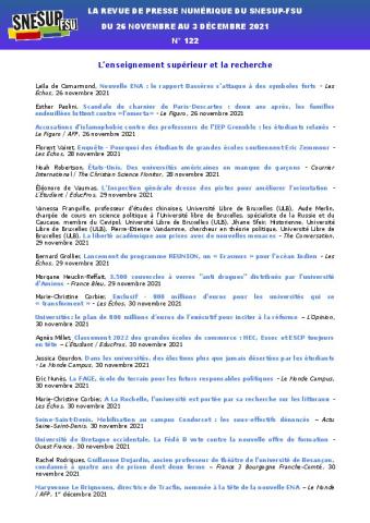 LA REVUE DE PRESSE NUMÉRIQUE DU SNESUP-FSU - Du 26 novembre au 3 décembre 2021 - N° 122