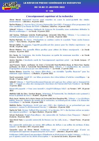 LA REVUE DE PRESSE NUMÉRIQUE DU SNESUP-FSU - Du 14 au 21 janvier 2022 - N° 126