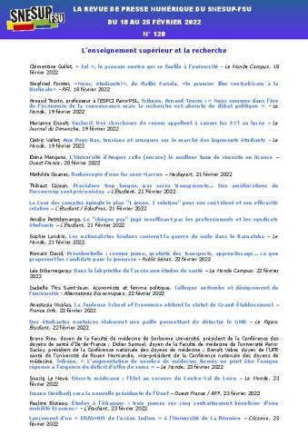 LA REVUE DE PRESSE NUMÉRIQUE DU SNESUP-FSU - Du 18 au 25 février 2022 - N° 128