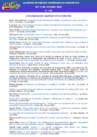 LA REVUE DE PRESSE NUMÉRIQUE DU SNESUP-FSU - Du 11 au 18 mars 2022 - N° 129