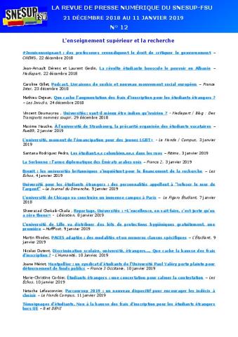 LA REVUE DE PRESSE NUMÉRIQUE DU SNESUP-FSU - Du 21 décembre 2018 au 11 janvier 2019 - N° 12