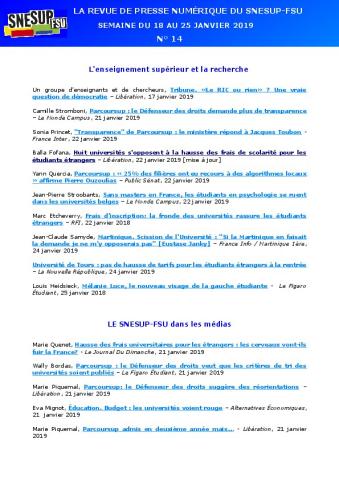 LA REVUE DE PRESSE NUMÉRIQUE DU SNESUP-FSU - Semaine du 18 au 25 janvier 2019 - N° 14