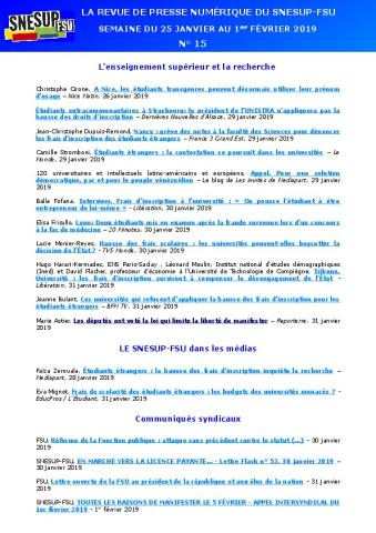 LA REVUE DE PRESSE NUMÉRIQUE DU SNESUP-FSU - Semaine du 25 janvier au 1er février 2019 - N° 15