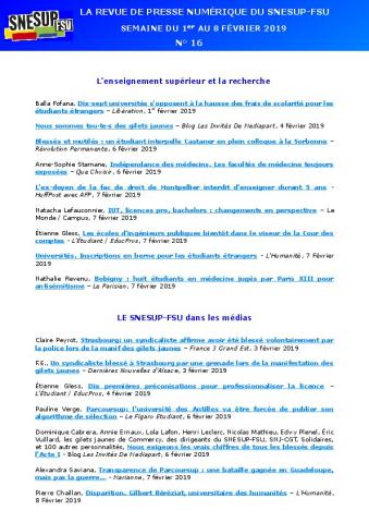 LA REVUE DE PRESSE NUMÉRIQUE DU SNESUP-FSU - Semaine du 1er au 8 février 2019 - N° 16