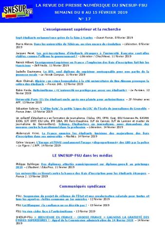 LA REVUE DE PRESSE NUMÉRIQUE DU SNESUP-FSU - Semaine du 8 au 15 février 2019 - N° 17