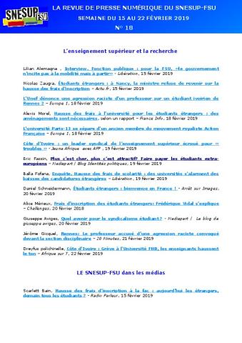 LA REVUE DE PRESSE NUMÉRIQUE DU SNESUP-FSU - Semaine du 15 au 22 février 2019 - N° 18
