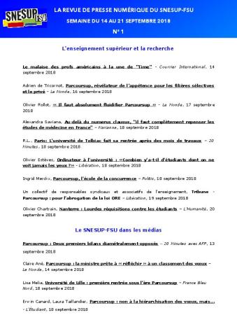 LA REVUE DE PRESSE NUMÉRIQUE DU SNESUP-FSU - Semaine du 14 au 21 septembre 2018 - N° 1