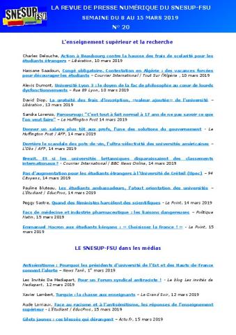 LA REVUE DE PRESSE NUMÉRIQUE DU SNESUP-FSU - Semaine du 8 au 15 mars 2019 - N° 20