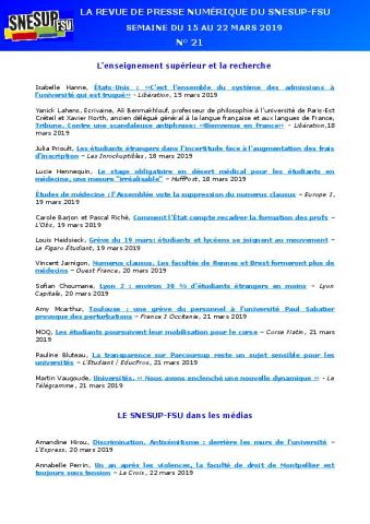 LA REVUE DE PRESSE NUMÉRIQUE DU SNESUP-FSU - Semaine du 15 au 22 mars 2019 - N° 21