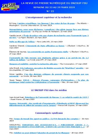 LA REVUE DE PRESSE NUMÉRIQUE DU SNESUP-FSU - Semaine du 22 au 29 mars 2019 - N° 22