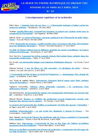 LA REVUE DE PRESSE NUMÉRIQUE DU SNESUP-FSU - Semaine du 29 mars au 5 avril 2019 - N° 23