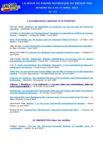 LA REVUE DE PRESSE NUMÉRIQUE DU SNESUP-FSU - Semaine du 5 au 12 avril 2019 - N° 24