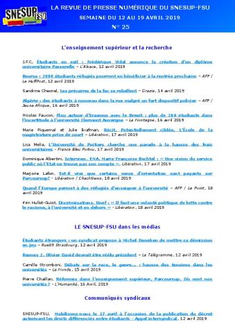 LA REVUE DE PRESSE NUMÉRIQUE DU SNESUP-FSU - Semaine du 12 au 19 avril 2019 - N° 25