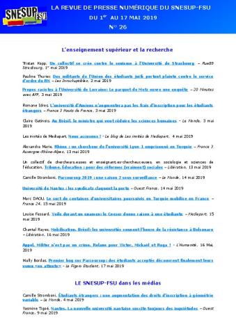 LA REVUE DE PRESSE NUMÉRIQUE DU SNESUP-FSU - Du 1er au 17 mai 2019 - N° 26