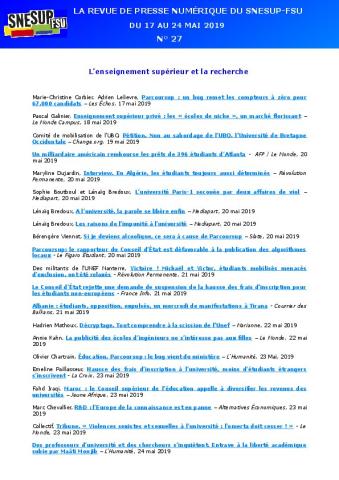 LA REVUE DE PRESSE NUMÉRIQUE DU SNESUP-FSU - Du 17 au 24 mai 2019 - N° 27
