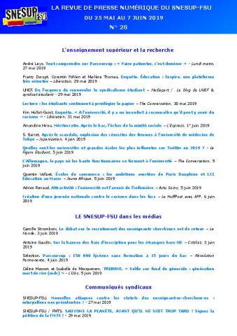 LA REVUE DE PRESSE NUMÉRIQUE DU SNESUP-FSU - Du 25 mai au 7 juin 2019 - N° 28