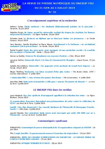 LA REVUE DE PRESSE NUMÉRIQUE DU SNESUP-FSU - Du 21 juin au 5 juillet 2019 - N° 31