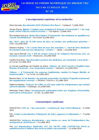 LA REVUE DE PRESSE NUMÉRIQUE DU SNESUP-FSU - Du 5 au 12 juillet 2019 - N° 32