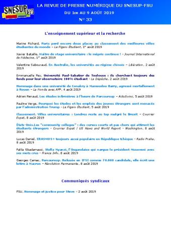 LA REVUE DE PRESSE NUMÉRIQUE DU SNESUP-FSU - Du 1er au 9 août 2019 - N° 33