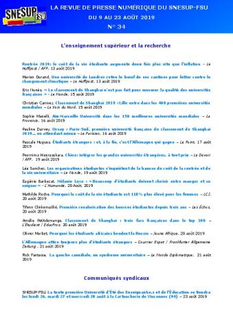 LA REVUE DE PRESSE NUMÉRIQUE DU SNESUP-FSU - Du 9 au 23 août 2019 - N° 34