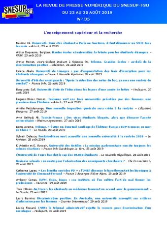 LA REVUE DE PRESSE NUMÉRIQUE DU SNESUP-FSU - Du 23 au 30 août 2019 - N° 35