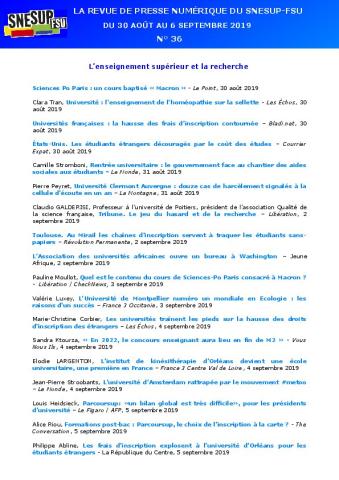 LA REVUE DE PRESSE NUMÉRIQUE DU SNESUP-FSU - Du 30 août au 6 septembre 2019 - N° 36