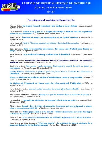 LA REVUE DE PRESSE NUMÉRIQUE DU SNESUP-FSU - Du 6 au 20 septembre 2019 - N° 37