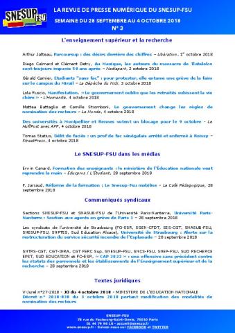 LA REVUE DE PRESSE NUMÉRIQUE DU SNESUP-FSU - Semaine du 28 septembre au 4 octobre 2018 - N° 3