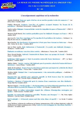 LA REVUE DE PRESSE NUMÉRIQUE DU SNESUP-FSU - Du 4 au 11 octobre 2019 - N° 40