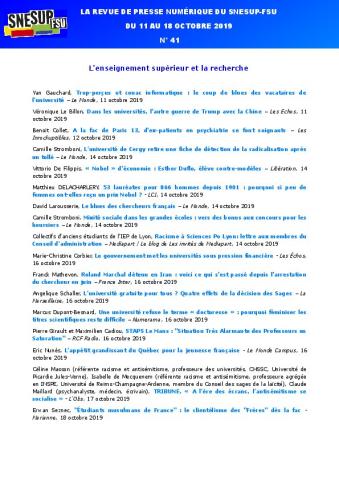 LA REVUE DE PRESSE NUMÉRIQUE DU SNESUP-FSU - Du 11 au 18 octobre 2019 - N° 41
