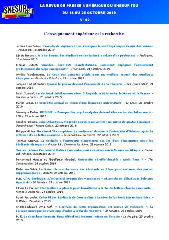 LA REVUE DE PRESSE NUMÉRIQUE DU SNESUP-FSU - Du 18 au 25 octobre 2019 - N° 42