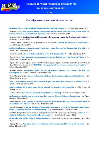LA REVUE DE PRESSE NUMÉRIQUE DU SNESUP-FSU - Du 25 au 31 octobre 2019 - N° 43