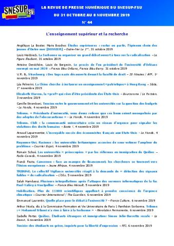 LA REVUE DE PRESSE NUMÉRIQUE DU SNESUP-FSU - Du 31 octobre au 8 novembre 2019 - N° 44